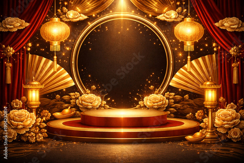 Chinese New Year Red Background with Golden Lanterns,Happy Lunar New Year Lantern Template