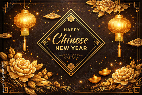 Chinese New Year Red Background with Golden Lanterns,Happy Lunar New Year Lantern Template