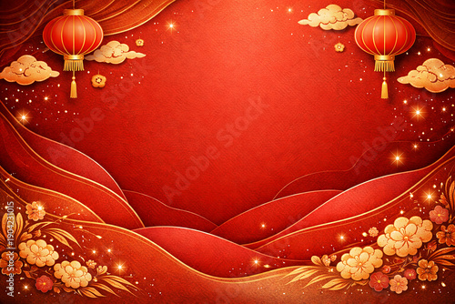 Chinese New Year Red Background with Golden Lanterns,Happy Lunar New Year Lantern Template
