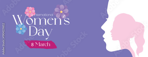 8 March International Women’s Day Promotional Web Banner and Social Media Cover Vector Template Featuring Floral Background, Women Silhouette Illustration, Empowerment Theme Marketing Design