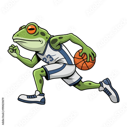 Cute frog basketball player sprinting with ball, fast green cartoon amphibian athlete mascot in white uniform, dynamic sporty animal character illustration for logo, kids team branding, vector