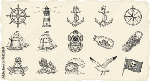 Nautical And Maritime Symbols Collection Hand Drawn Sketch.