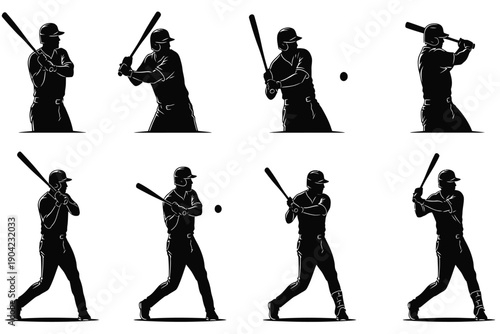 Baseball player hitting a ball in various stages