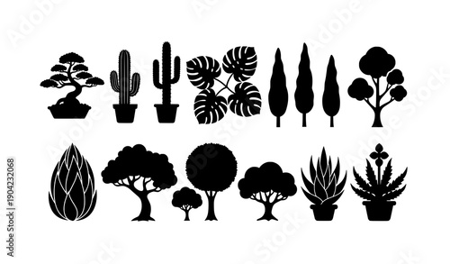 Decorative Garden Plant and Tree Silhouette Collection with Bonsai Cactus and Tropical Leaf Shapes