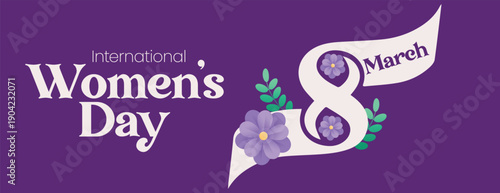 International Women’s Day 8 March Horizontal Banner Template Design with Floral Elements, Women Silhouette Vector Illustration for Social Media Cover, Website Header, Promotional Advertising