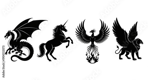 Mythical Creatures Silhouette Collection Dragon Unicorn Phoenix Griffin.