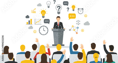 Business Presentation and Public Speaking Vector Illustration Showing Speaker at Podium, Audience Interaction, Ideas, Communication, and Conference Seminar Concept