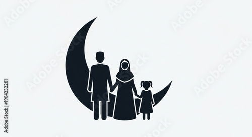 Muslim Family Standing Together Under Crescent Moon Silhouette.