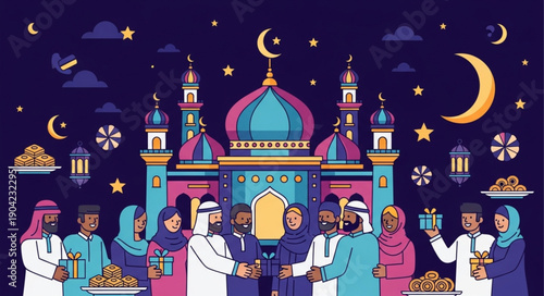 Muslim people celebrating Eid al-Fitr festival near mosque.