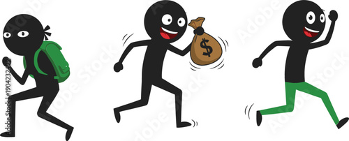 Cartoon Thief Crime Vector Illustration Set with Sneaking, Stealing Money Bag, Running Escape Actions for Security, Risk, and Safety Concepts