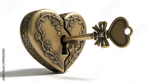 vintage heart locket with key isolated on white background love symbol romantic antique jewelry concept