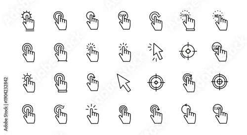 Click hand gesture and cursor outline icon set vector