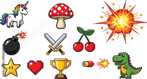 Colorful Retro Game Icon Set with Fantasy Characters, Explosions, Weapons, and Rewards, Pixel Style Vector Illustration for Arcade and Mobile Games