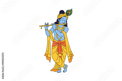Minimalist Illustration of Lord Krishna Playing Flute with Peacock Feather