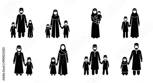 Muslim Family Silhouettes Holding Hands Diverse Poses.