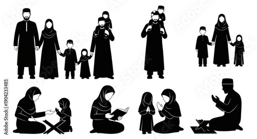 Muslim Family Silhouettes Diverse Activities Together.