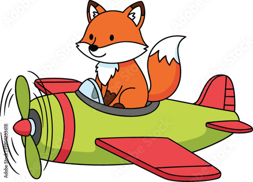 Cute Fox Flying Airplane Cartoon Vector Illustration with Smiling Animal Pilot, Toy Aircraft, and Fun Adventure Theme for Kids Designs