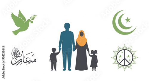 Muslim Family Silhouette with Religious Symbols.