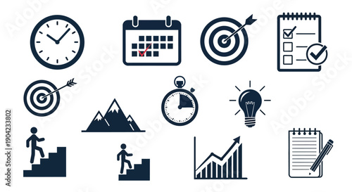Business productivity icons set including clock calendar target checklist graph lightbulb and planning symbols for efficiency and goal setting