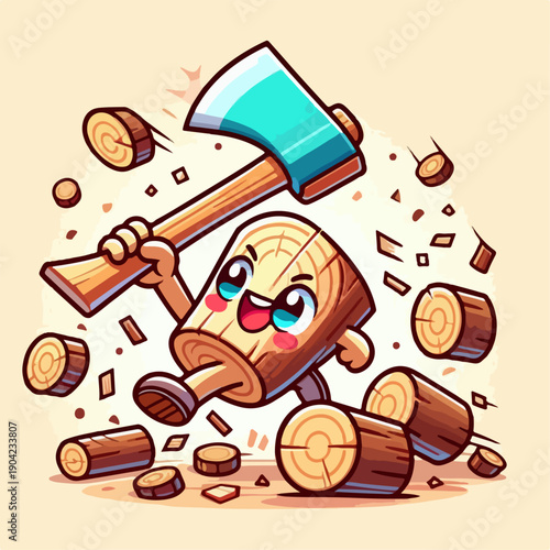 Cartoon vector illustration of a person carrying an axe chopping wood