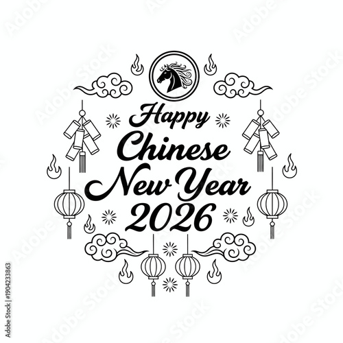 Happy Chinese New Year 2026 text with horse head emblem lanterns and firecrackers for oriental festival celebration greeting card logo