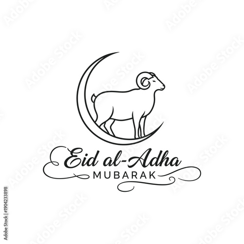 Eid al-Adha Mubarak text with goat and crescent moon line art illustration for Islamic holiday greeting and celebration cards invitation