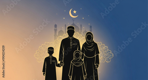 Muslim Family Silhouette Under Crescent Moon and Mosque.