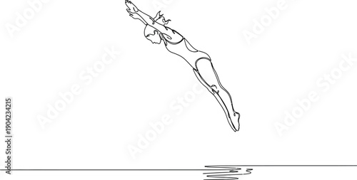 Minimalist continuous line drawing depicts an athlete executing a graceful dive toward the water surface creating a perfect entry point