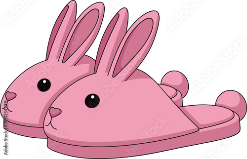 Cute Pink Bunny Slippers with Rabbit Ears, Cozy Cartoon Flat Vector Illustration for Kids Footwear, Home Comfort, and Fashion Design