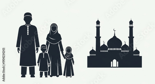 Muslim Family Silhouette Standing Next to Mosque Icon.