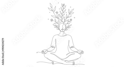 Minimalist continuous line art drawing depicting a person meditating in lotus pose with abundant foliage and flowers growing from their head symbolizing inner growth and nature connection.