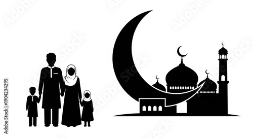 Muslim Family Silhouette Standing Near Mosque and Crescent Moon.