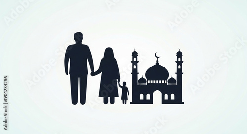 Muslim Family Silhouette Standing Near Mosque Icon.