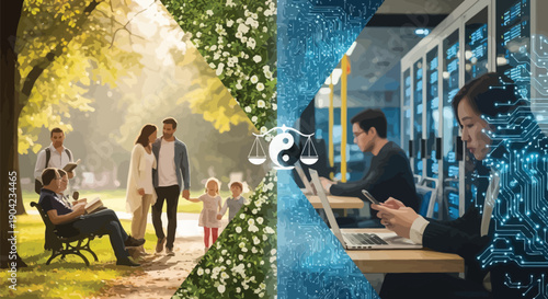 Concept of finding essential balance between personal life in nature and demanding professional career within a modern digital technology environment