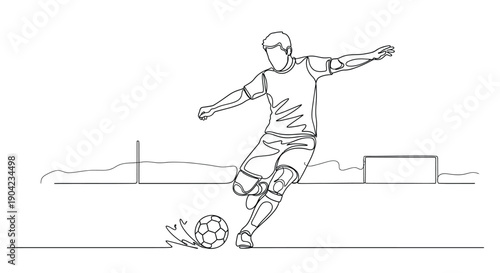 Minimalist continuous line drawing depicts a determined soccer player powerfully striking the ball during an intense moment of the football match