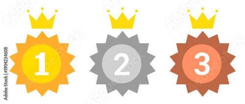 1st 2nd 3rd Place Medals with Crown. Vector Illustration for Sports Awards, Quizzes, and Education Apps