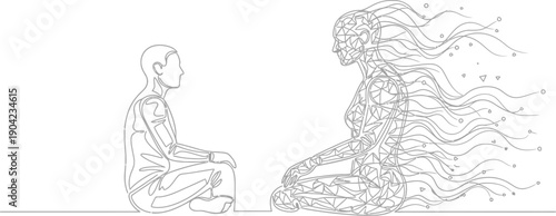 Abstract line art depicts a comparison between a solid human figure and an ethereal geometric form dissolving into flowing lines representing consciousness or energy.