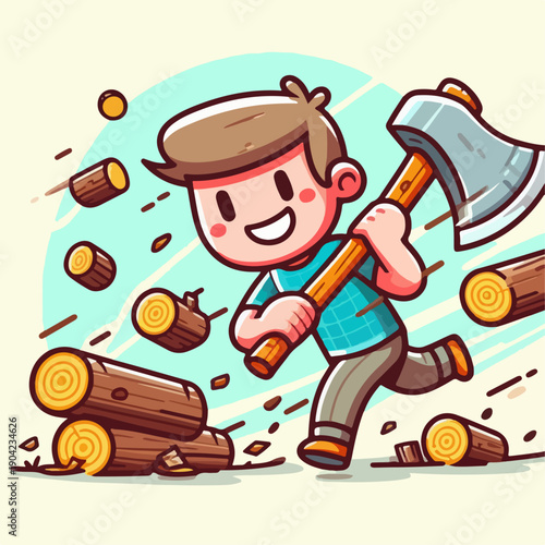 Cartoon vector illustration of a person carrying an axe chopping wood