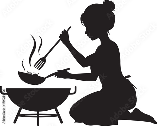 Woman cooking on barbecue grill with frying pan and utensils outdoors
