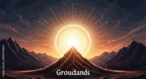 Majestic mountain peak bathed in brilliant celestial light against a dramatic sunset sky signifies a spiritual awakening or dawning hope