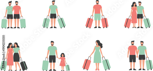 Family and Couple Travel Vector Illustration Set with People Carrying Suitcases for Vacation, Holiday Trips, Tourism, and Journey Concepts