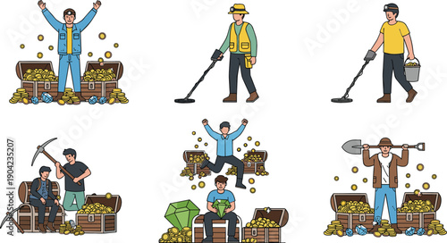Gold Mining and Treasure Hunting Vector Illustration Set with Prospectors, Metal Detectors, Excavation Tools, Chests, Coins, and Wealth Discovery Scenes