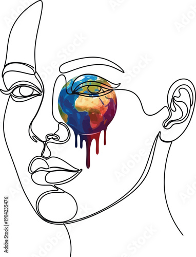 Single line art portrait depicts a crying earth where a colorful globe replaces the eye suggesting profound environmental sadness or global warming concern