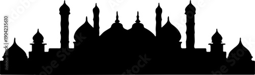Wide Islamic Mosque Skyline Silhouette Panorama with Domes and Minarets