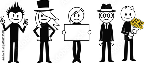 Set of five funny stick figure characters including punk magician sad person with sign spy and man holding yellow flowers vector illustration