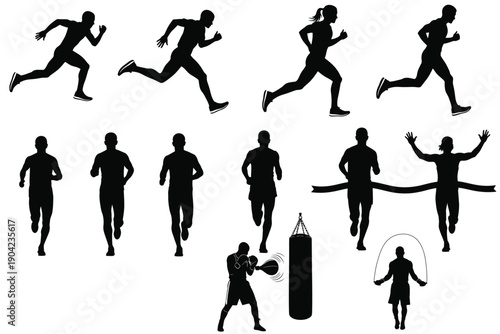 Silhouettes of people engaging in various fitness activities and exercises