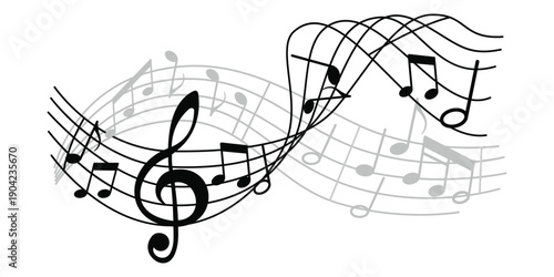 Create a Music notes wave. Flowing musical staff lines with notes, clefs and melody rhythm patterns in dynamic circular, spiral and wavy shapes.