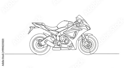 Continuous line drawing of a modern sport motorcycle, showcasing its sleek design and powerful silhouette against a white background.