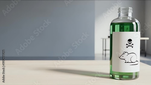 Bottle of Green Liquid Rat Poison on a Table.