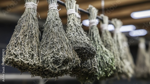 Bundles of dried fragrant herbs hanging on a rack for curing and preservation indoors